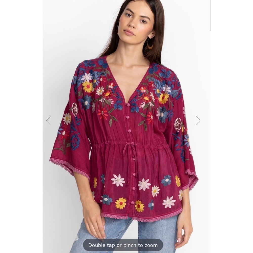 Johnny Was Edith Blouse Babydoll Boho Embroidered Peasant Rumba Red Size XL